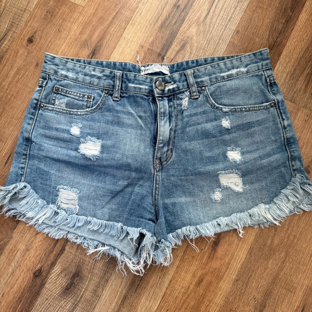 Free People Blue Distressed Jean Shorts
